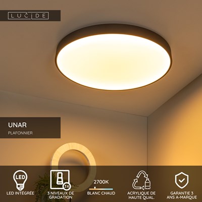 Lucide UNAR - Plafonnier - Ø 60 cm - LED 3 StepDim - 1x60W 2700K - Noir